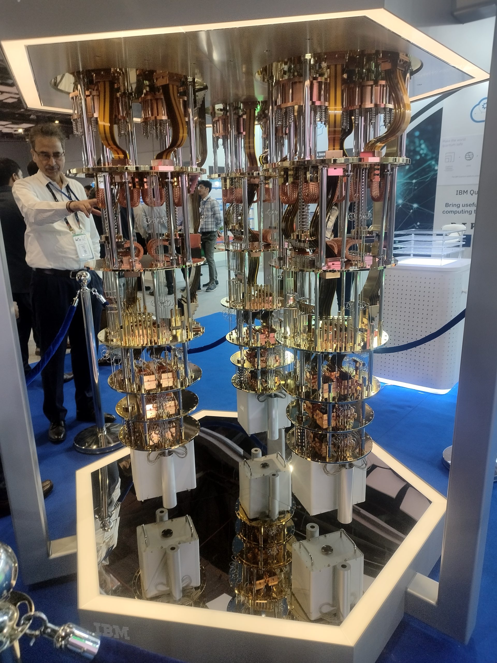 A quantum computer on display, illustrating quantum computing hardware